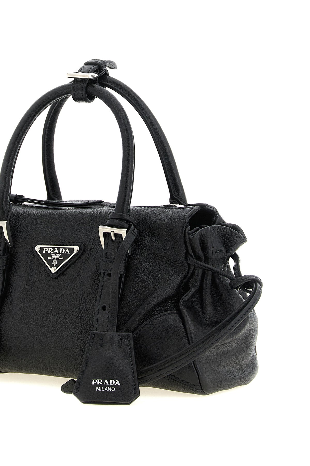 the small prada karin handbag in fine black hammered calf leather is distingui