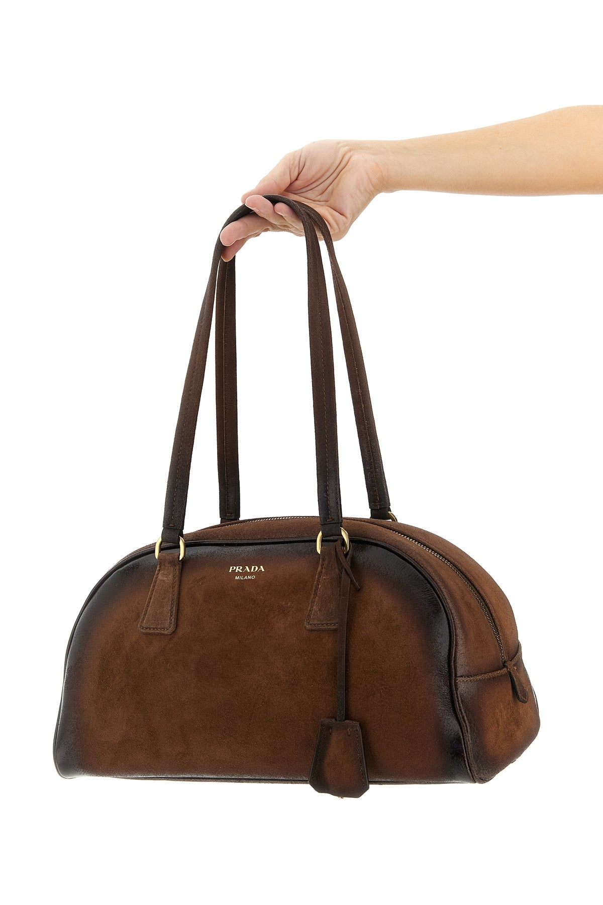 medium prada bowling suede top case handcrafted for a lived-in effect