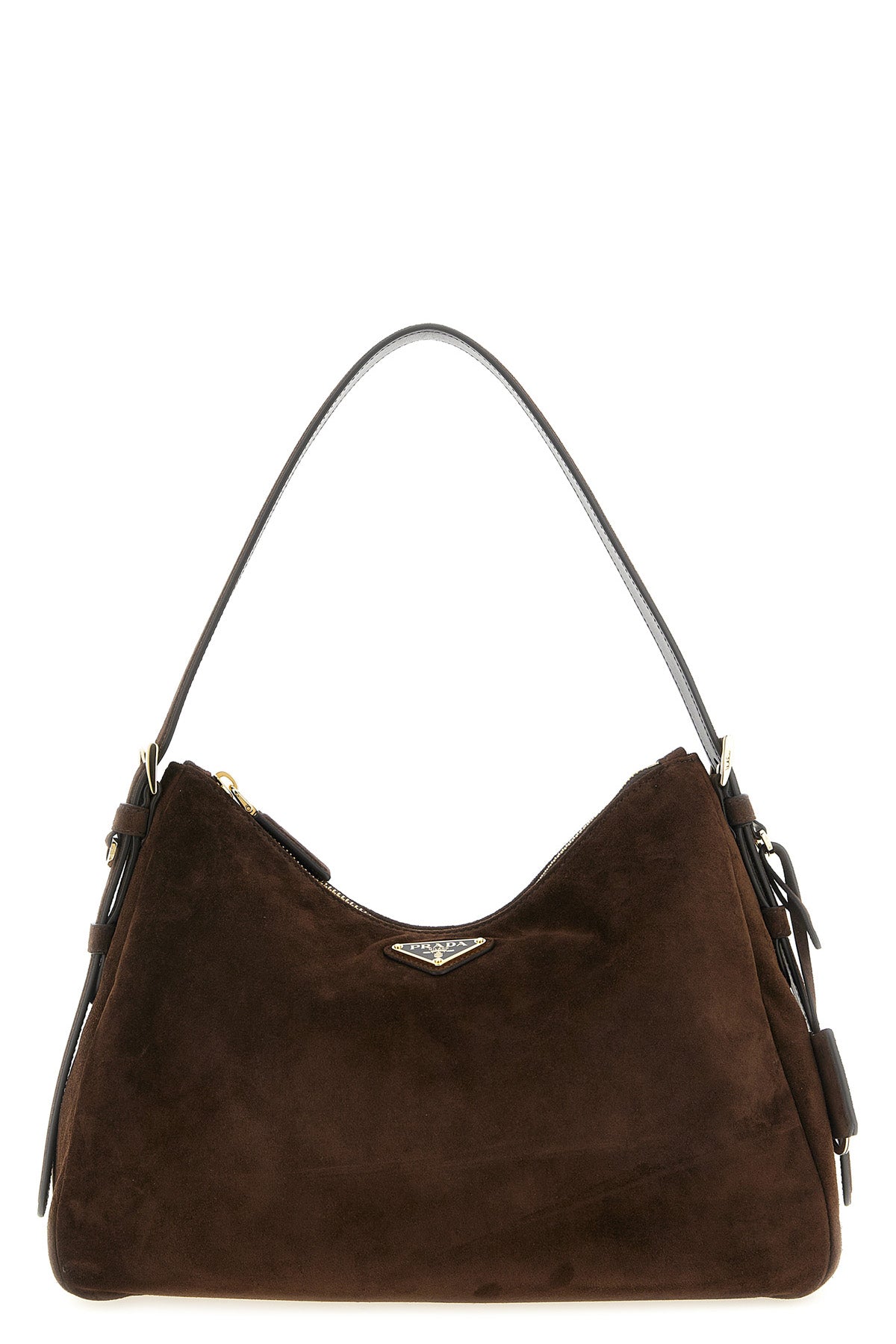 the medium prada aimée shoulder bag in fine brown suede defines a soft and cap