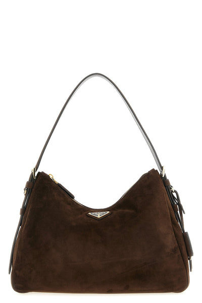 the medium prada aimée shoulder bag in fine brown suede defines a soft and cap