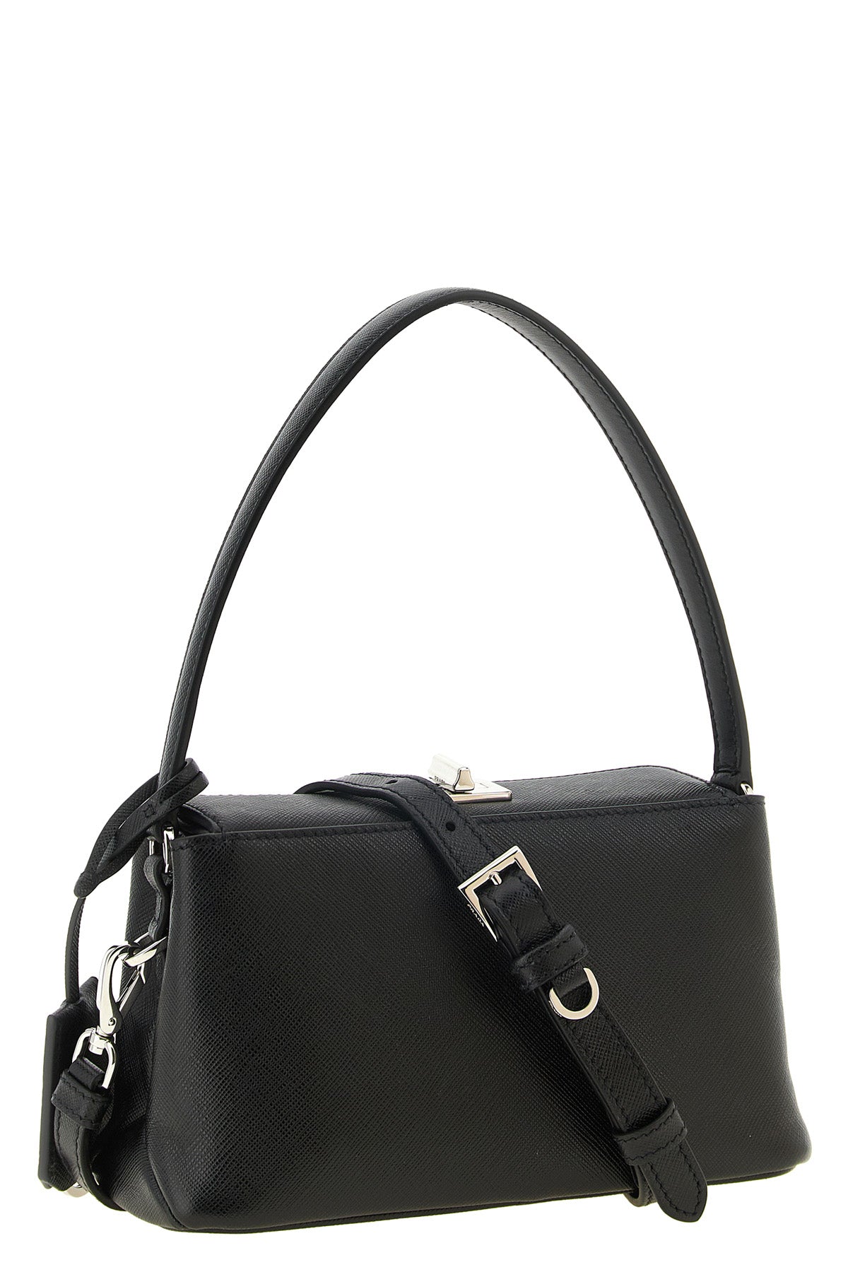 the prada midi handbag is made of fine saffiano calf leather