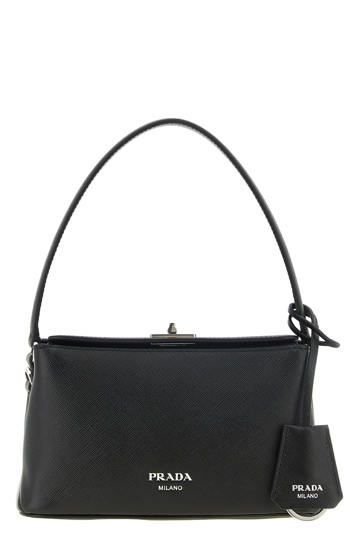 the prada midi handbag is made of fine saffiano calf leather