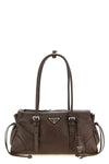 the prada bonnie brown calf leather shoulder bag is distinguished by a geometric