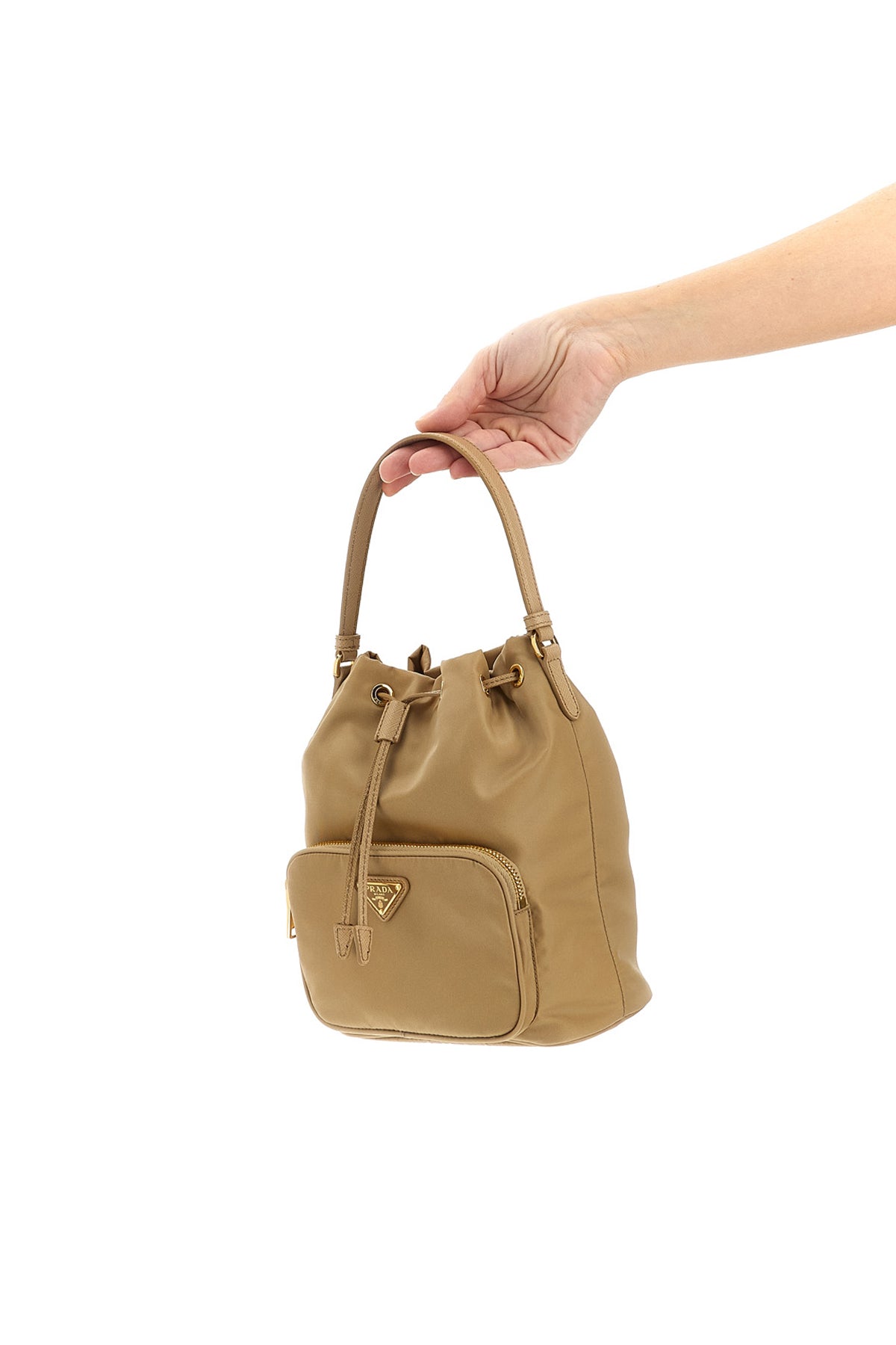 prada duet re-nylon and saffiano leather tone-on-tone bucket bag
