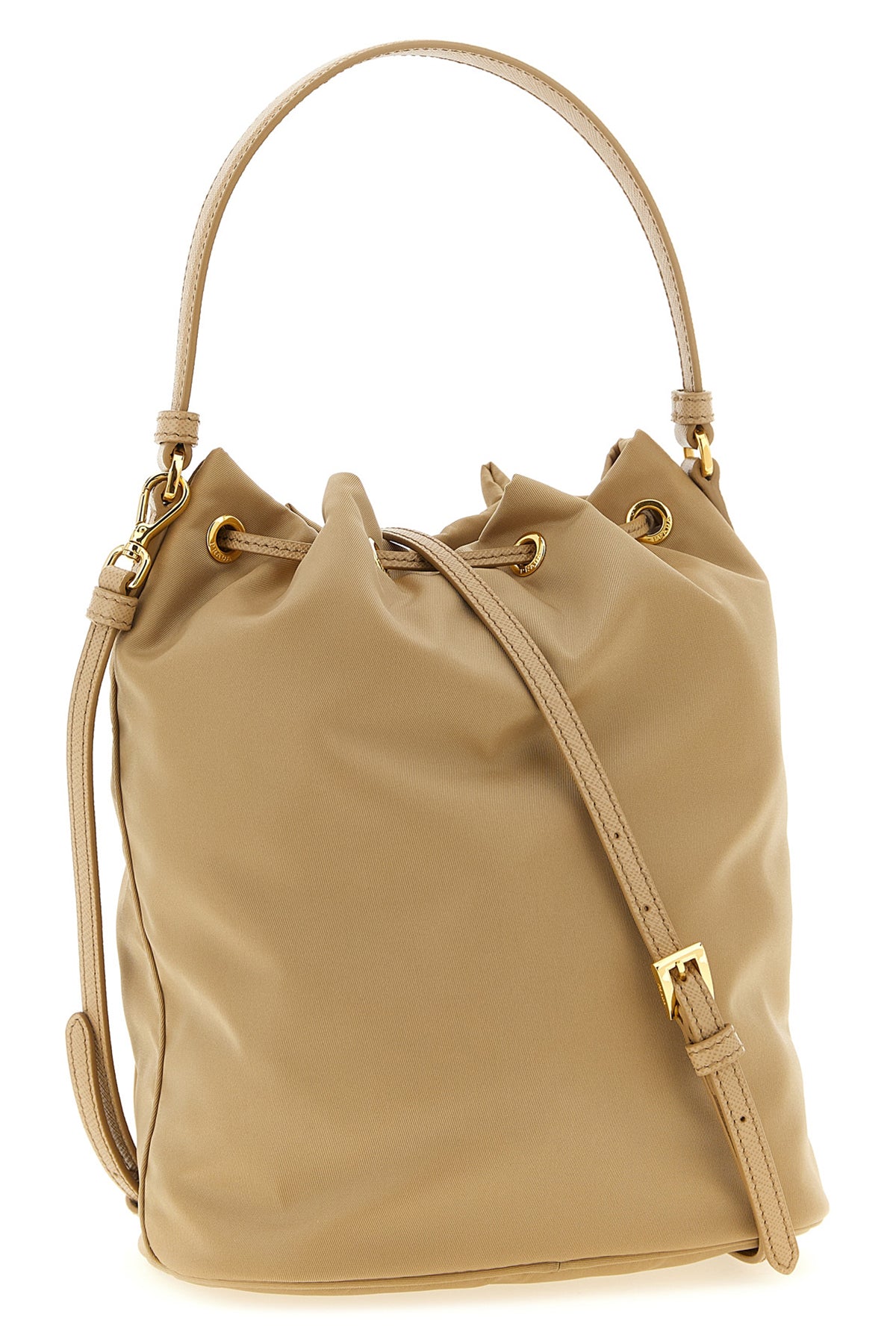 prada duet re-nylon and saffiano leather tone-on-tone bucket bag