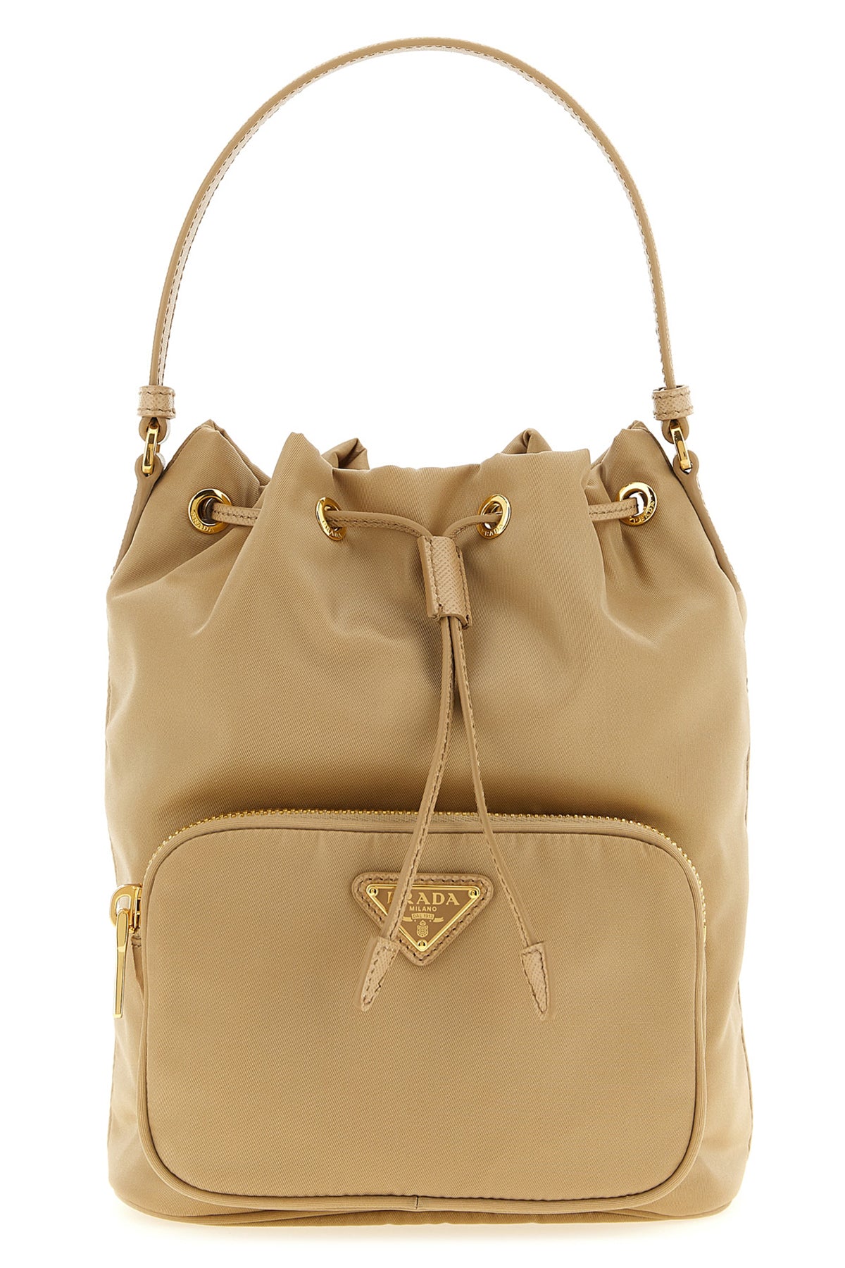 prada duet re-nylon and saffiano leather tone-on-tone bucket bag