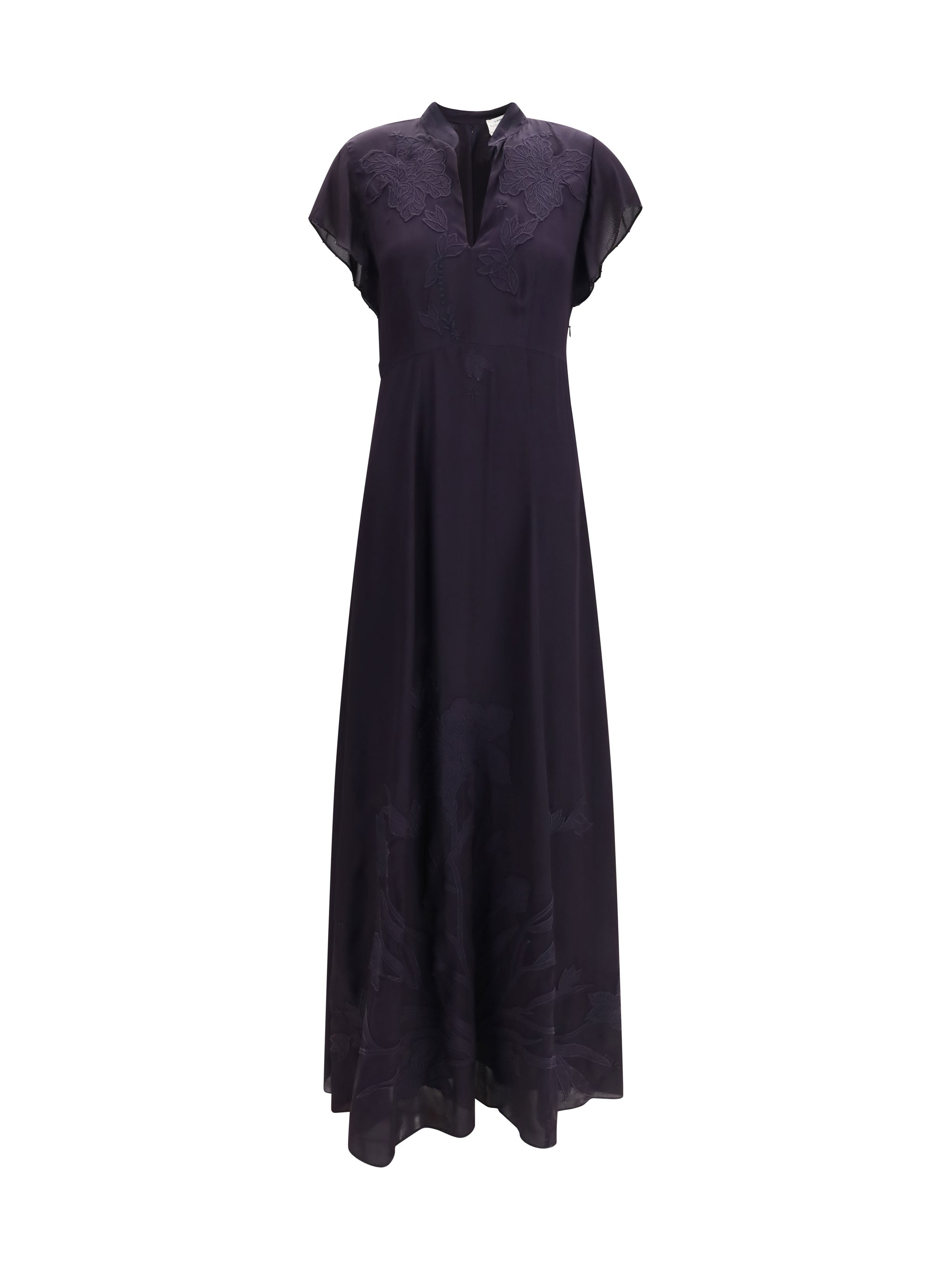 crêpe de chine dress with iris velvet embroidery