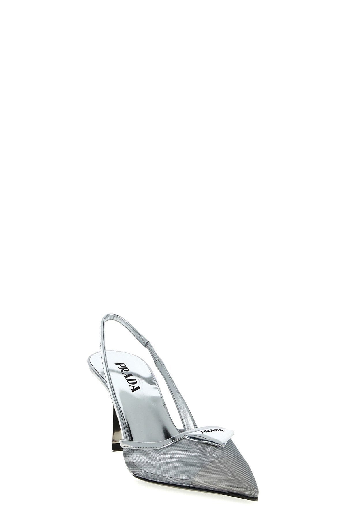 mesh fabric and laminated leather slingbacks