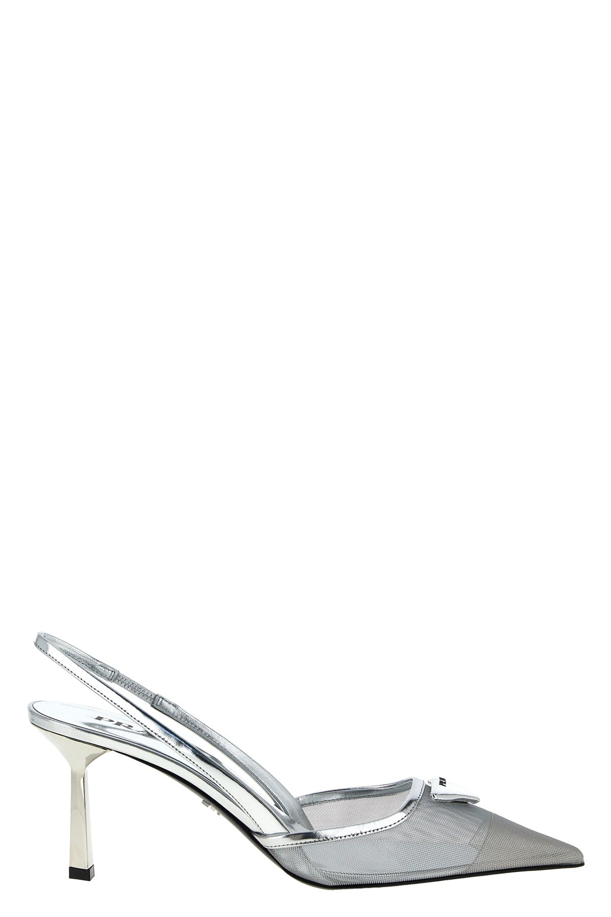 mesh fabric and laminated leather slingbacks