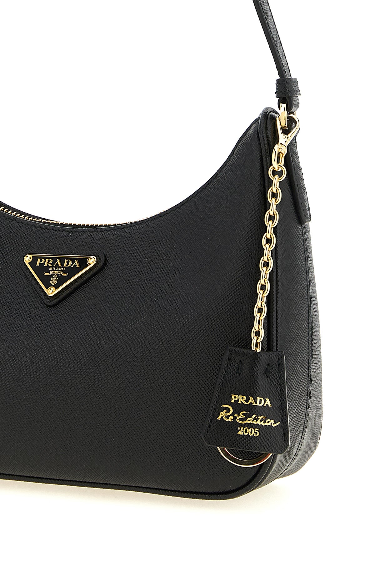 the prada re-edition 2005 shoulder bag is made of fine black saffiano leather