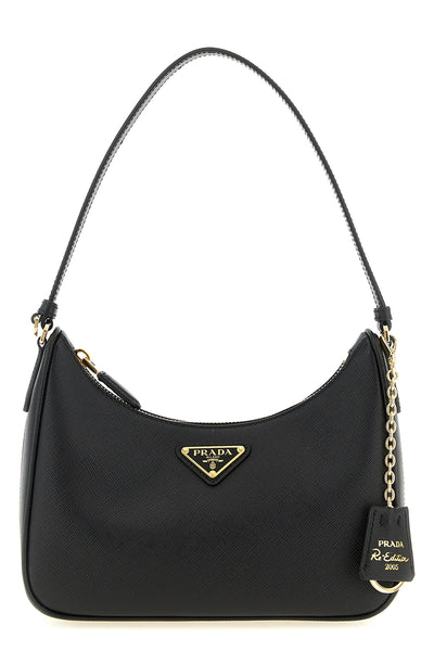 the prada re-edition 2005 shoulder bag is made of fine black saffiano leather