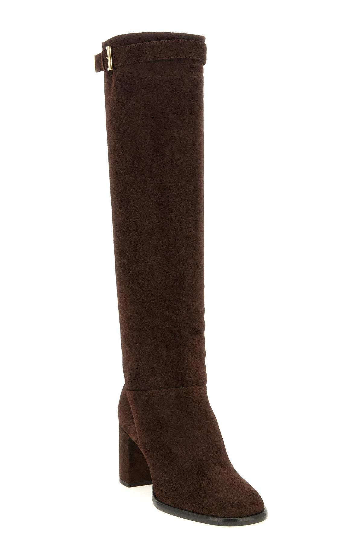 prada knee-high boots in fine dark brown lamb suede embody a structured and time