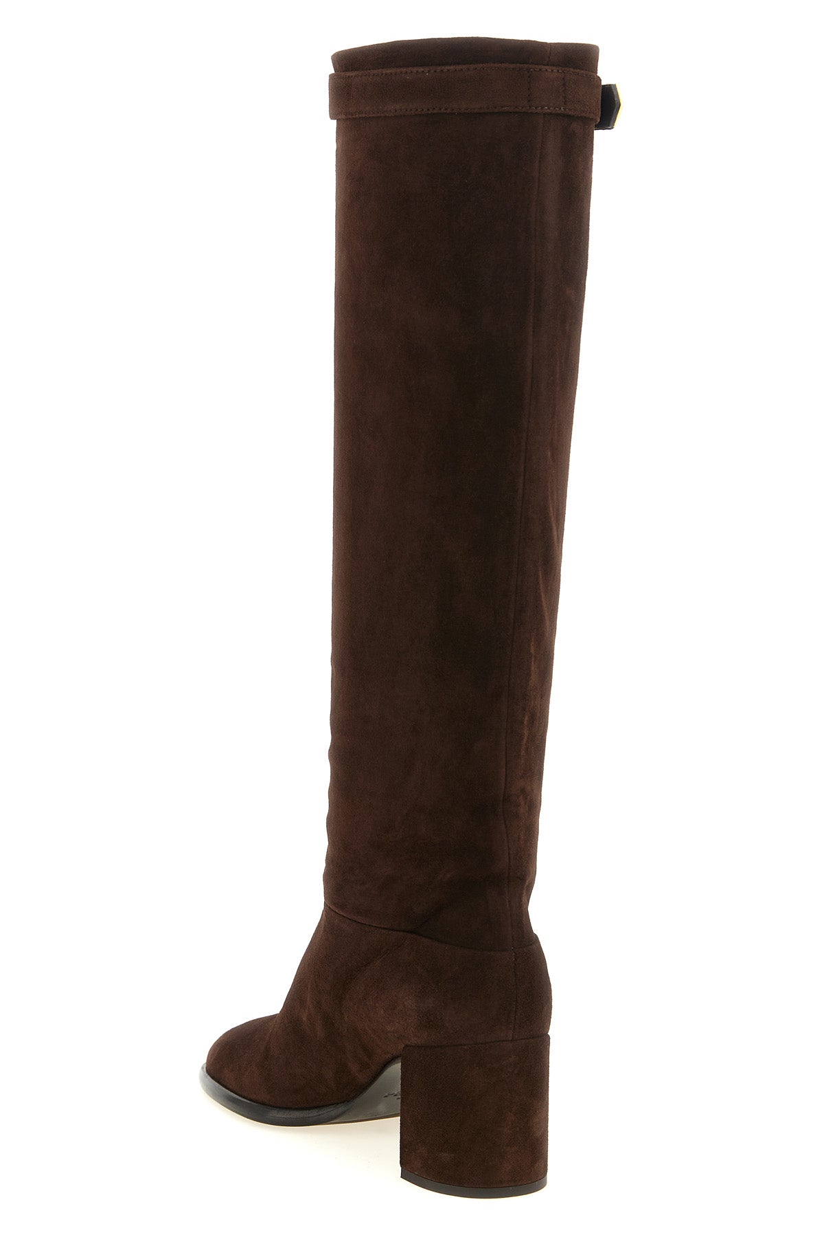 prada knee-high boots in fine dark brown lamb suede embody a structured and time