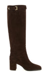 prada knee-high boots in fine dark brown lamb suede embody a structured and time