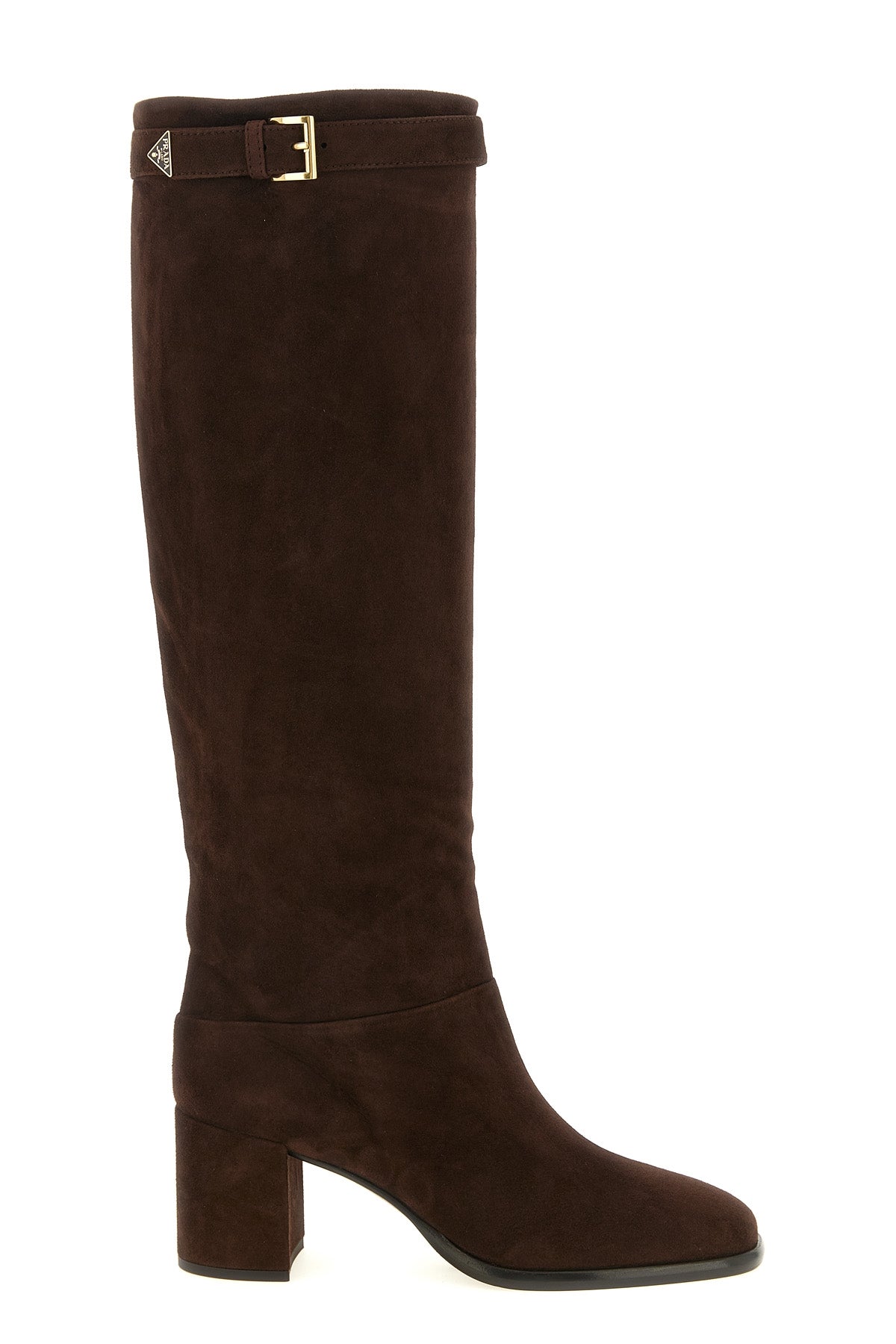 prada knee-high boots in fine dark brown lamb suede embody a structured and time
