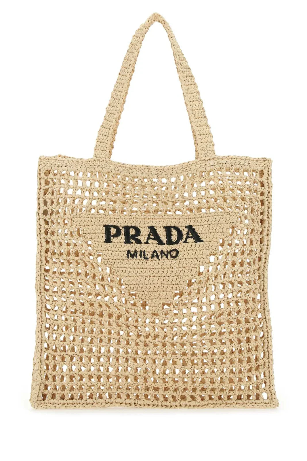 PRADA Logo Embroidered Crochet Raffia Tote – Beige