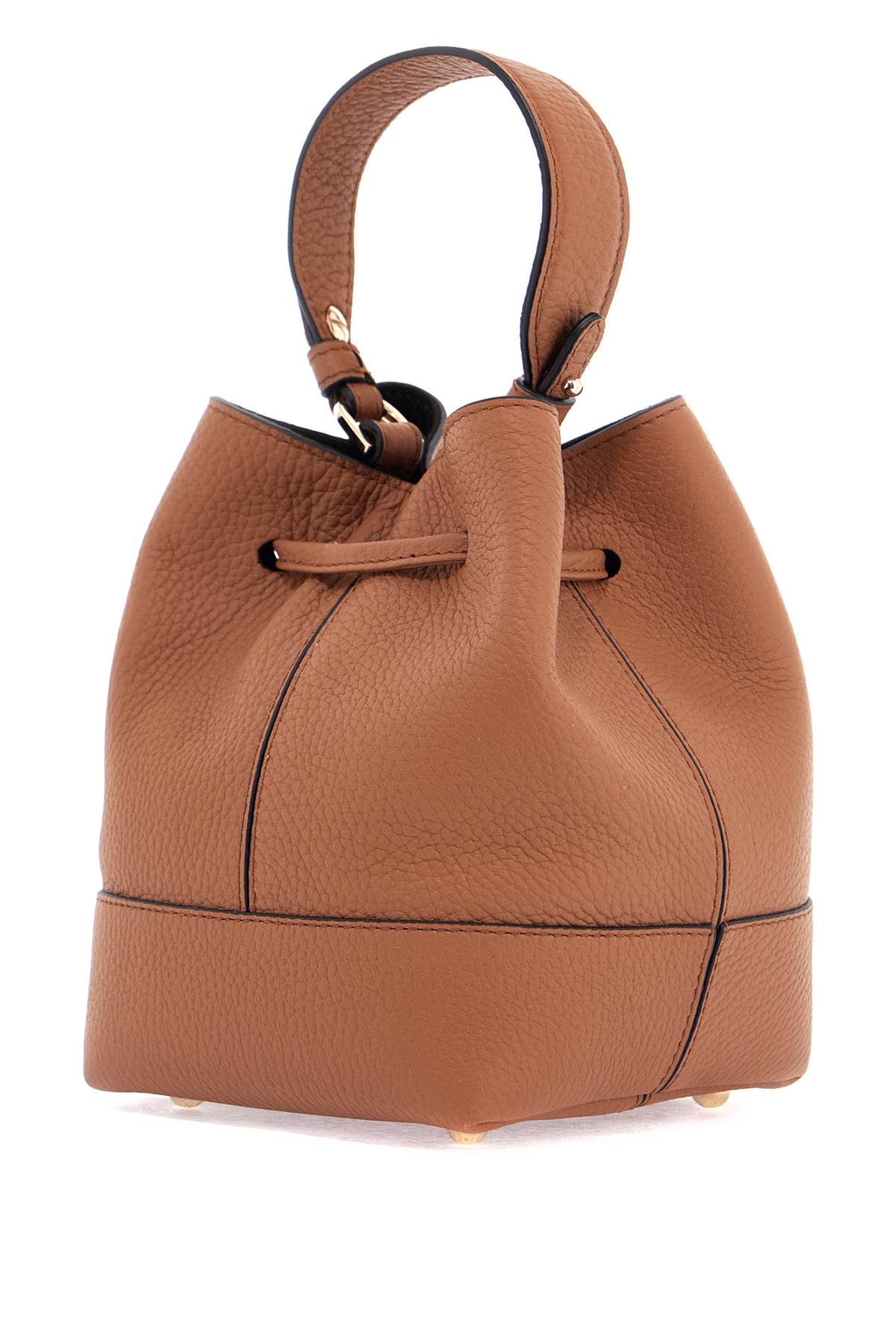 tan leather bucket bag with adjustable strap