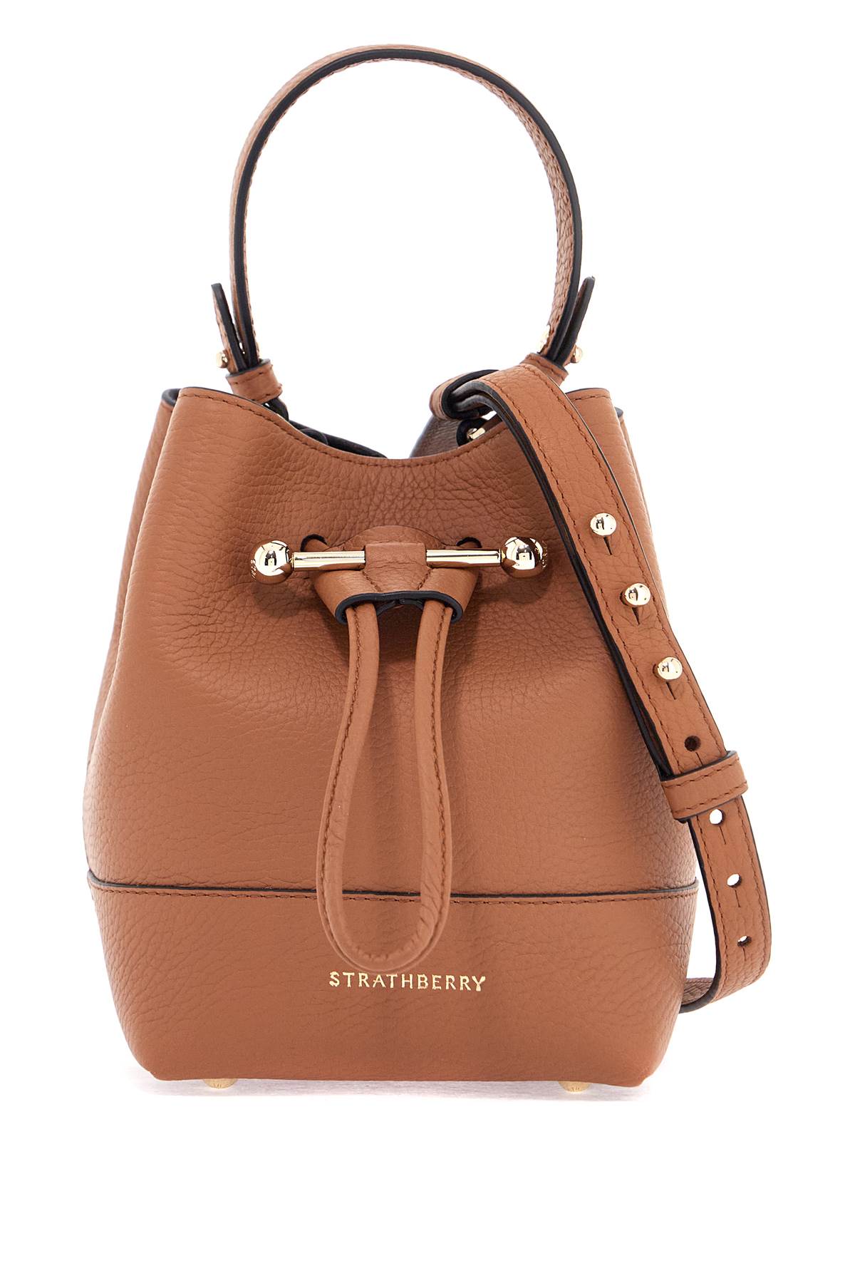 tan leather bucket bag with adjustable strap