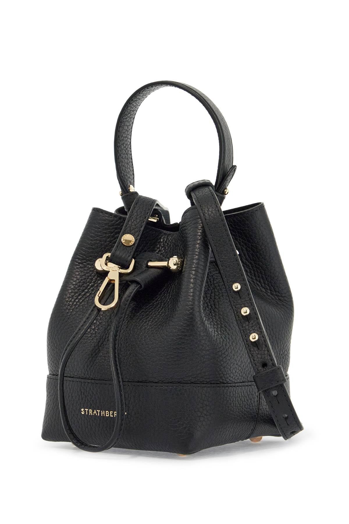 black calfskin bucket bag with hammered finish and drawstring closure