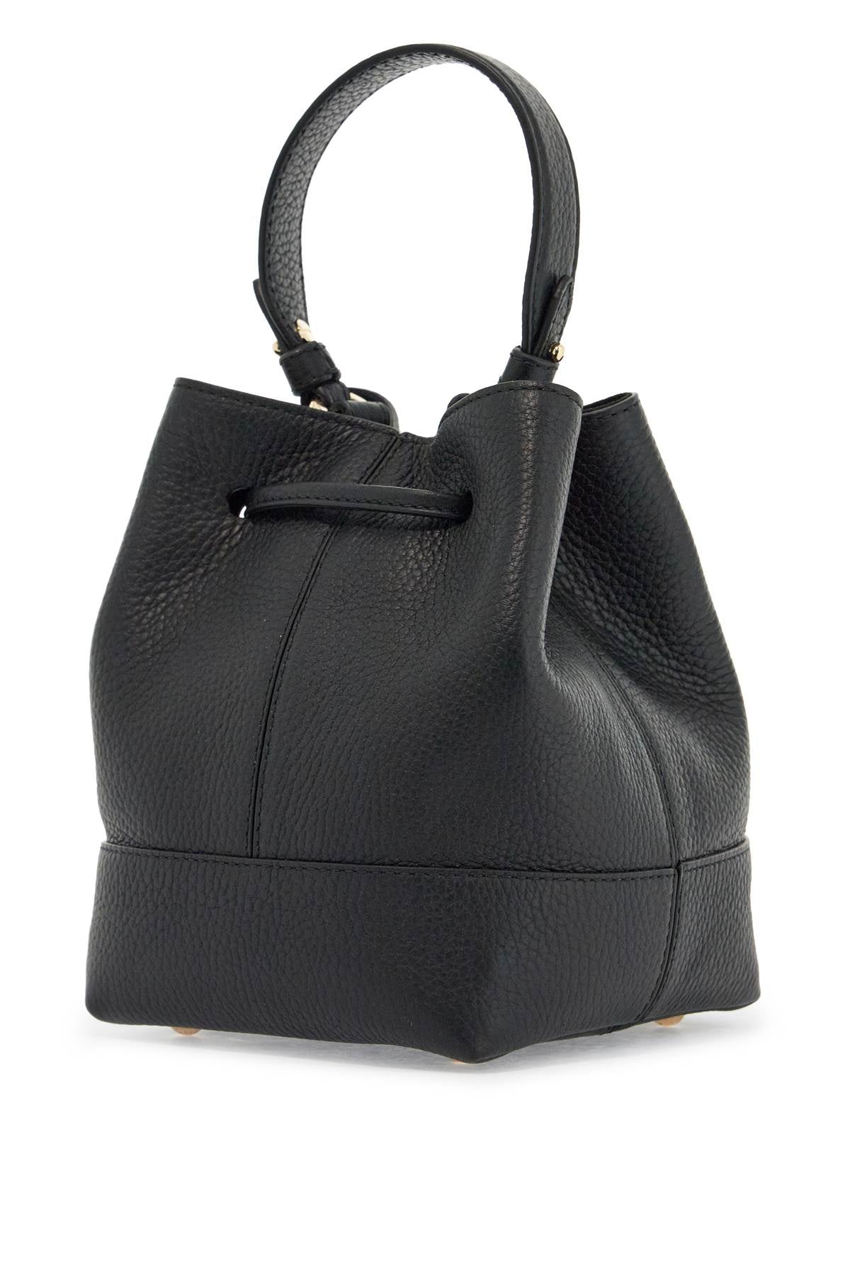 black calfskin bucket bag with hammered finish and drawstring closure