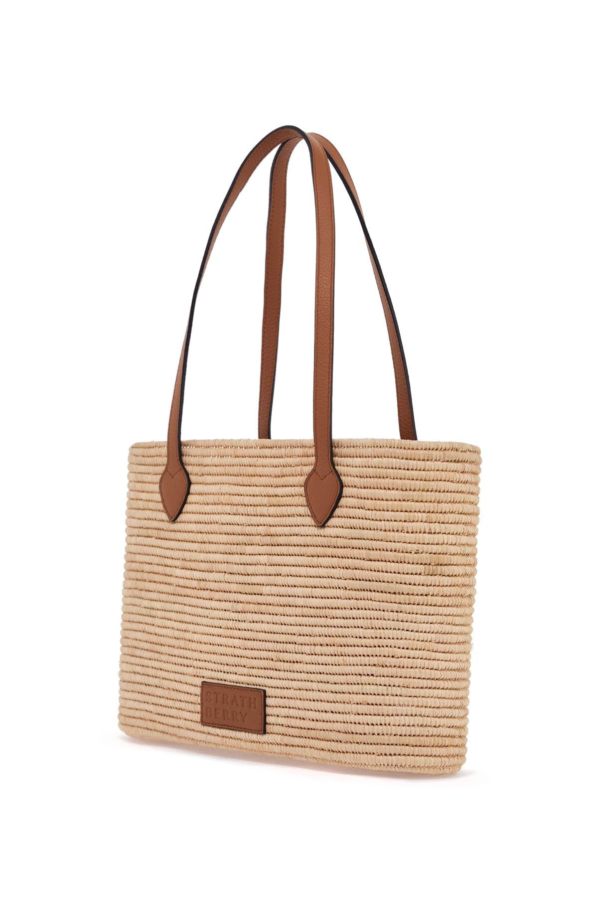 medium basket bag in natural raffia with leather details and metal closure