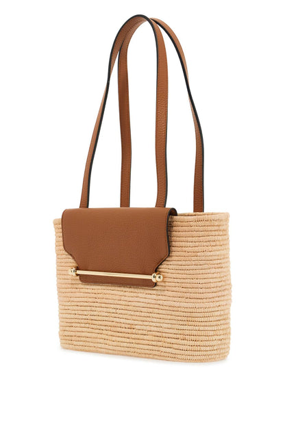 beige woven raffia bag with leather details