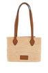 beige woven raffia bag with leather details