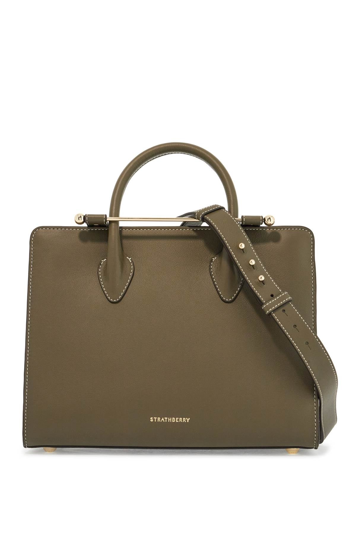 khaki leather midi handbag with adjustable shoulder strap