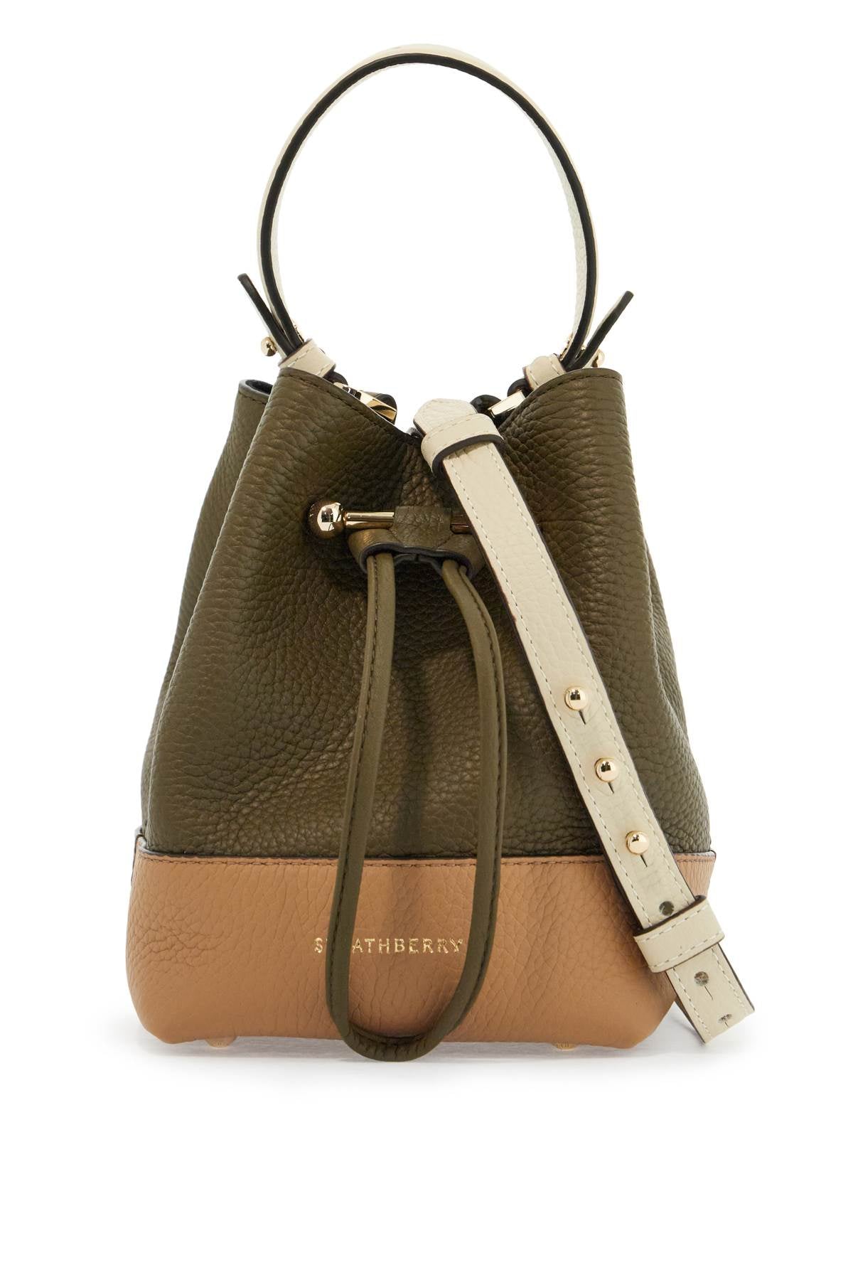 khaki and caramel calf leather bag with drawstring closure and golden finishes