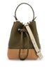 khaki and caramel calf leather bag with drawstring closure and golden finishes