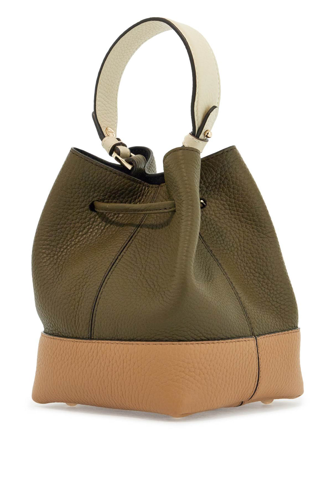 khaki and caramel calf leather bag with drawstring closure and golden finishes