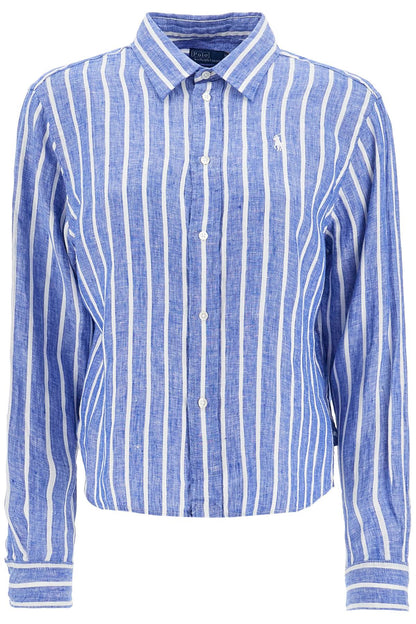 camicia lino righe blu e bianca manica lunga regular