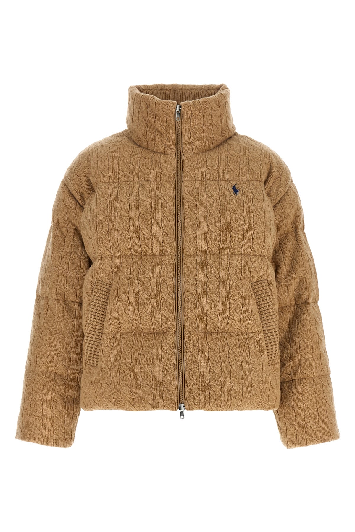 the polo ralph lauren down jacket blends the aesthetics of heritage knitwear
