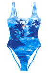 one-piece swimsuit in patterned technical fabric