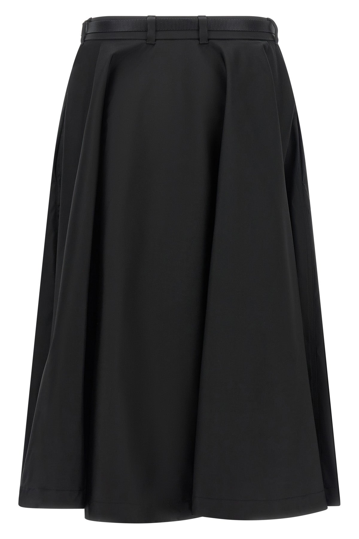 the prada midi skirt in black re-nylon is distinguished by a flared silhouette