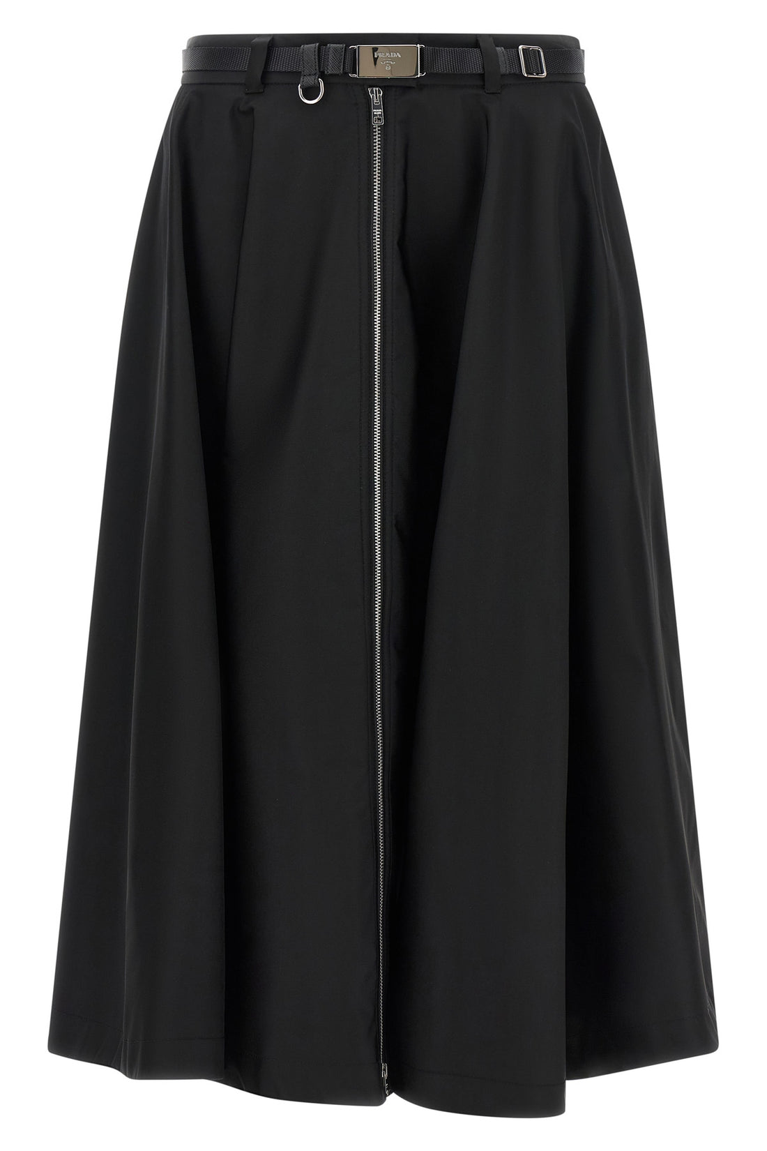 PRADA 38 the prada midi skirt in black re-nylon is distinguished by a flared silhouette