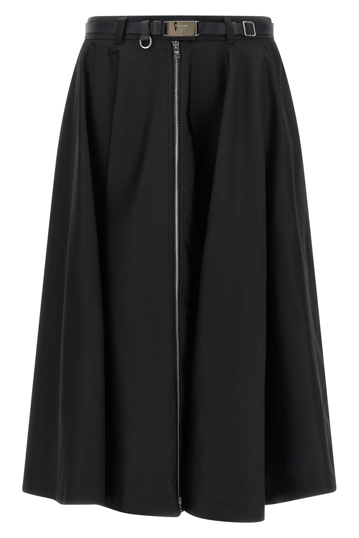 the prada midi skirt in black re-nylon is distinguished by a flared silhouette