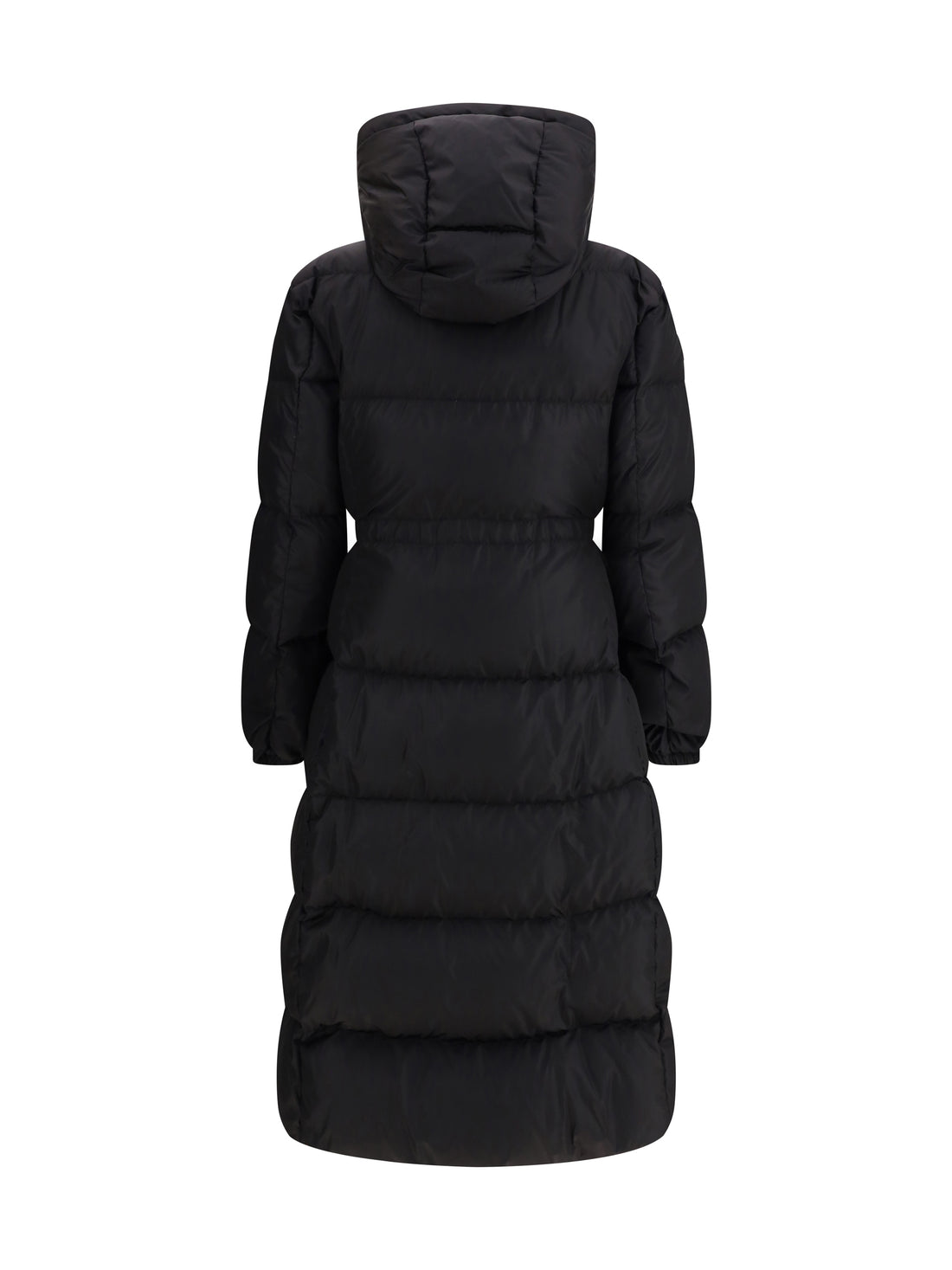 MONCLER 0 the long down jacket with hood and wool trims