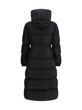 MONCLER 0 the long down jacket with hood and wool trims