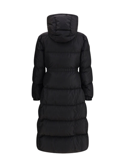 MONCLER 0 the long down jacket with hood and wool trims