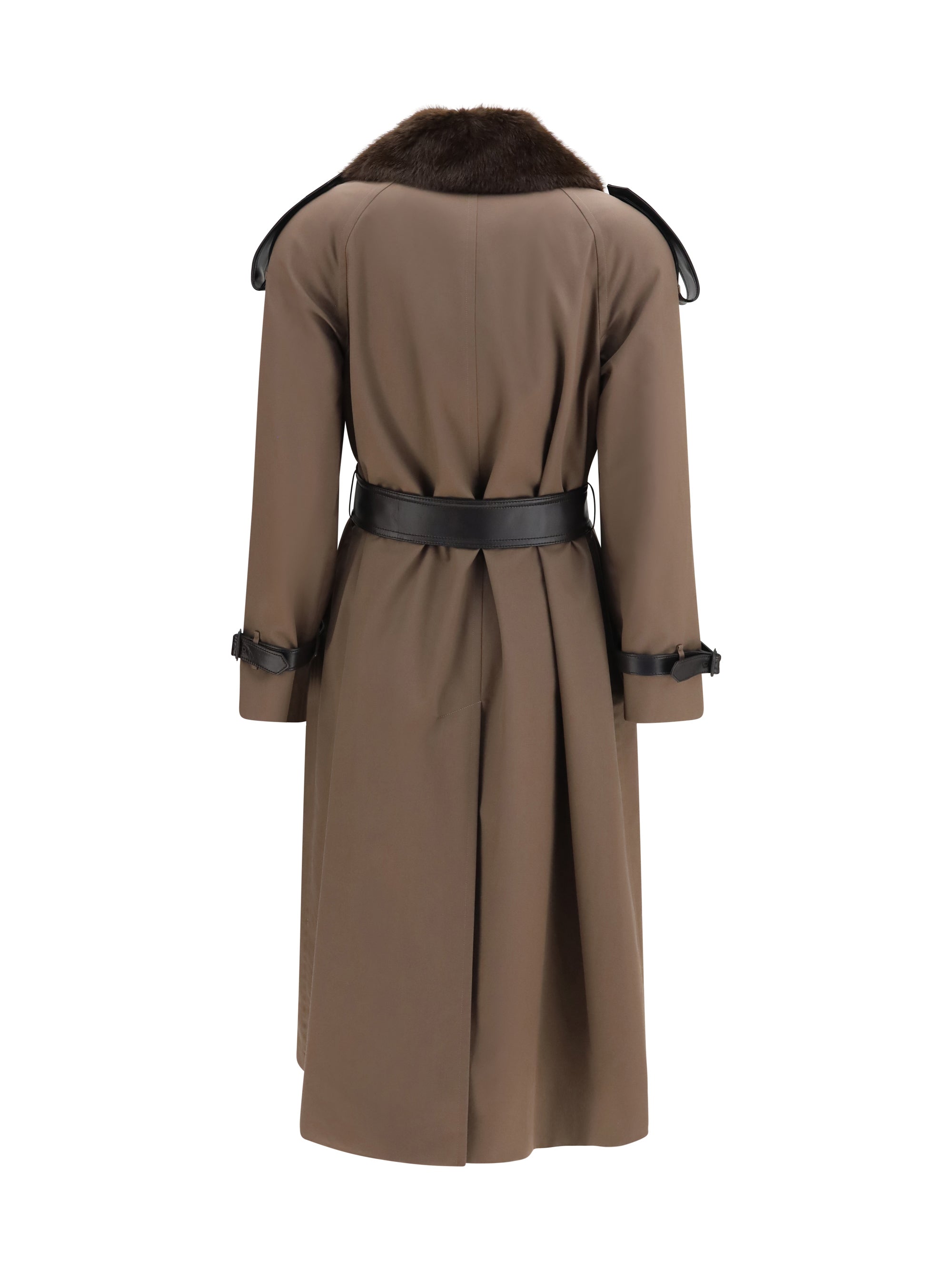 long cotton trench coat with buffalo leather collar