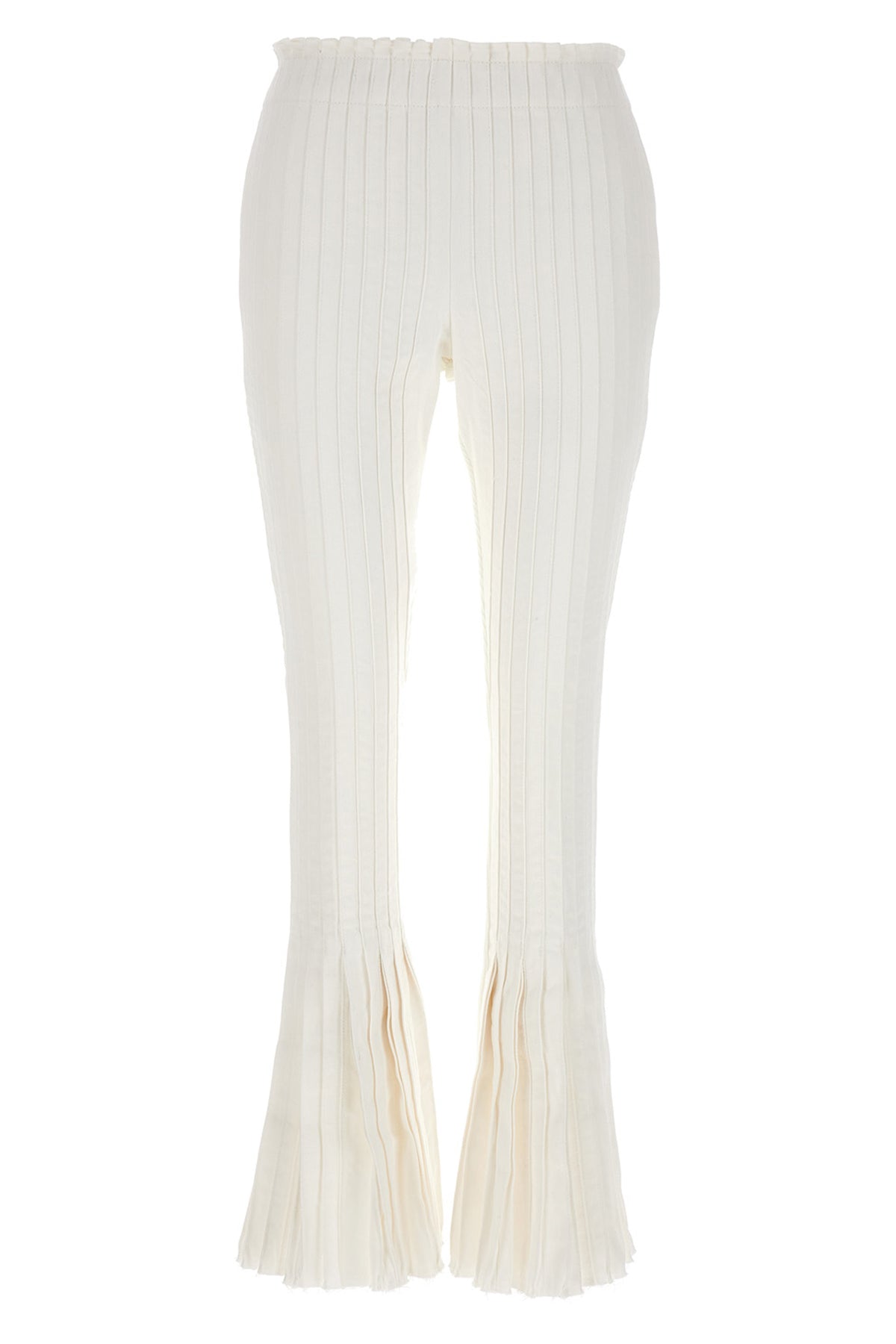 pleated cotton pants at the front and ribbed pants at the back