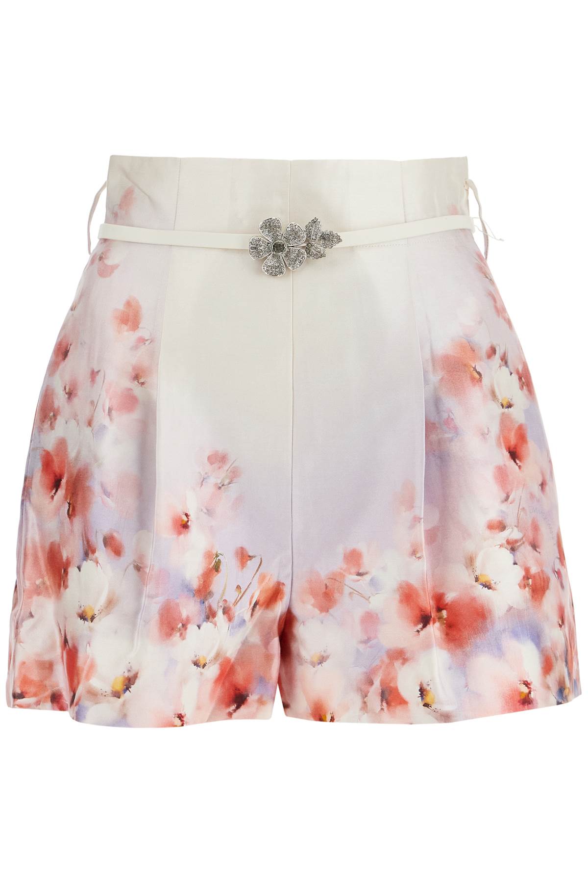 red low-waist floral silk and cotton shorts