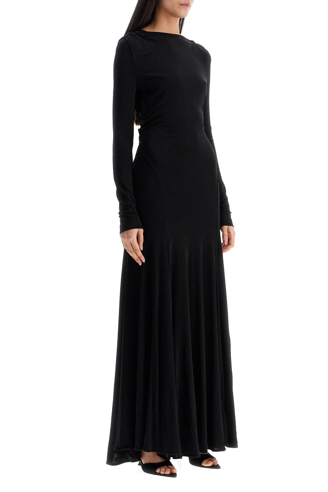 long black viscose maxi dress with copper and stone decoration