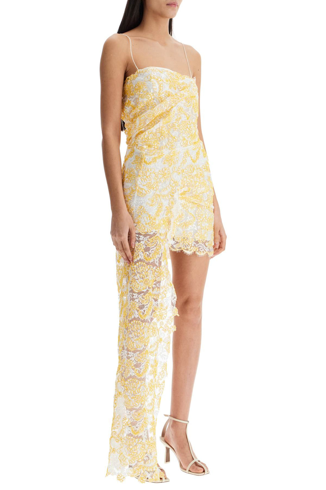 mini dress in yellow floral lace with adjustable straps