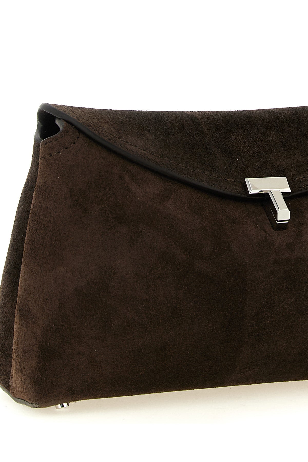 the t-lock suede toteme clutch has a structured silhouette