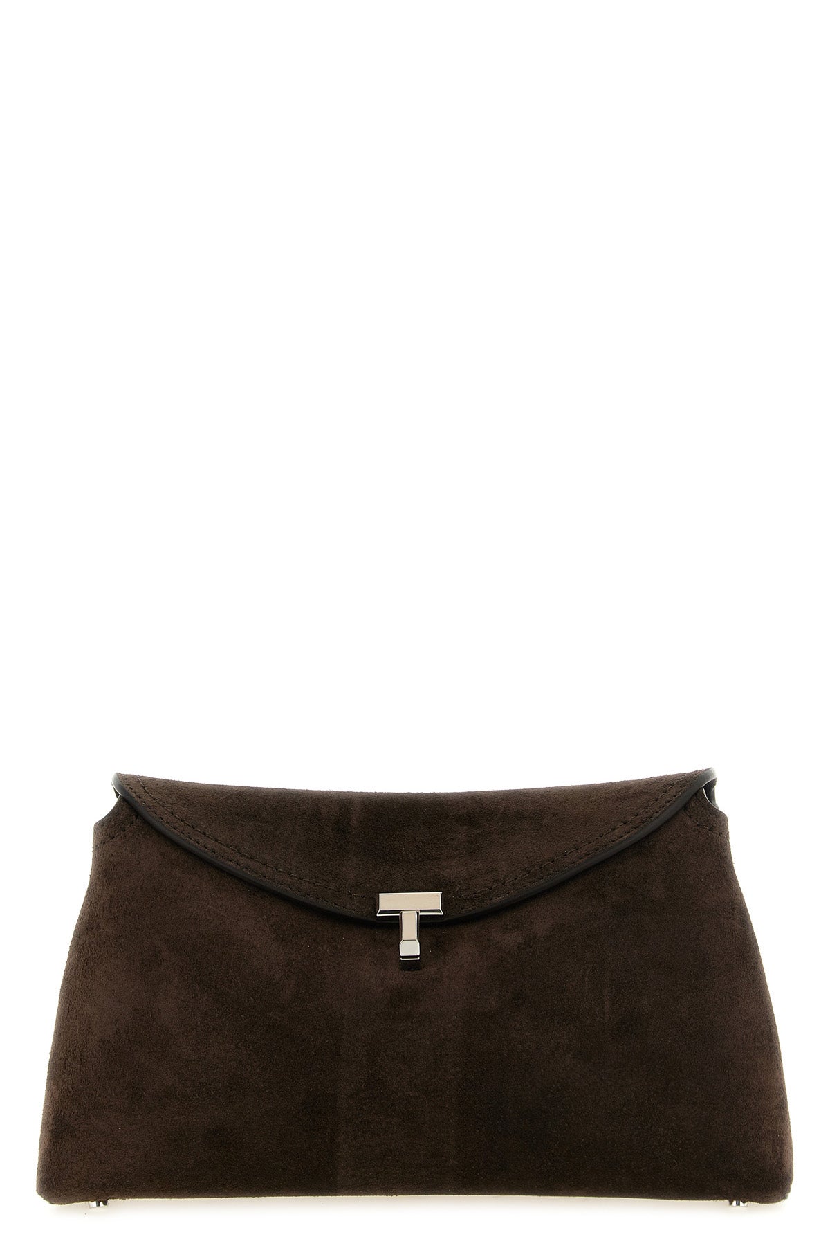 the t-lock suede toteme clutch has a structured silhouette