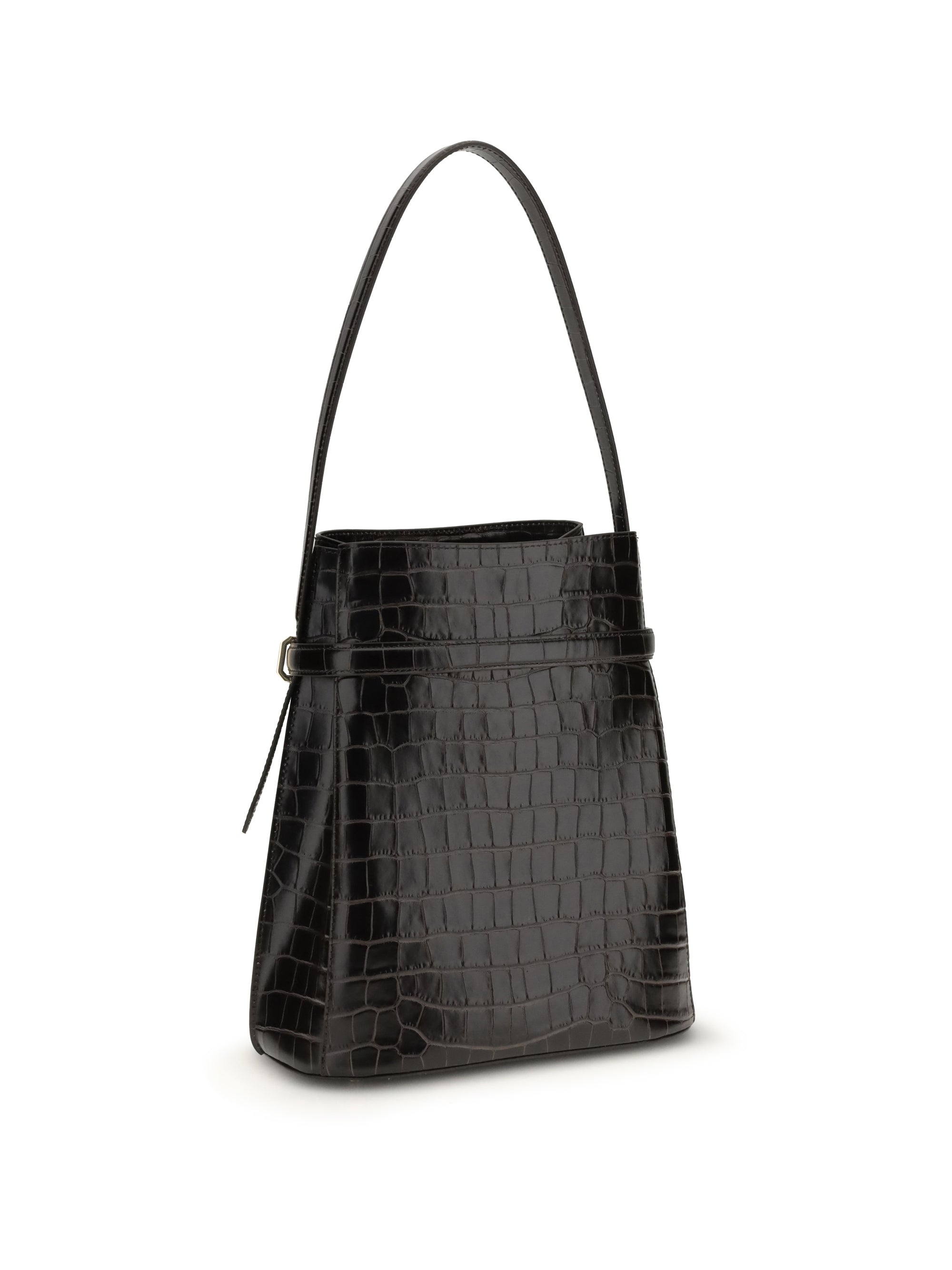 belted croco-embossed bucket bag