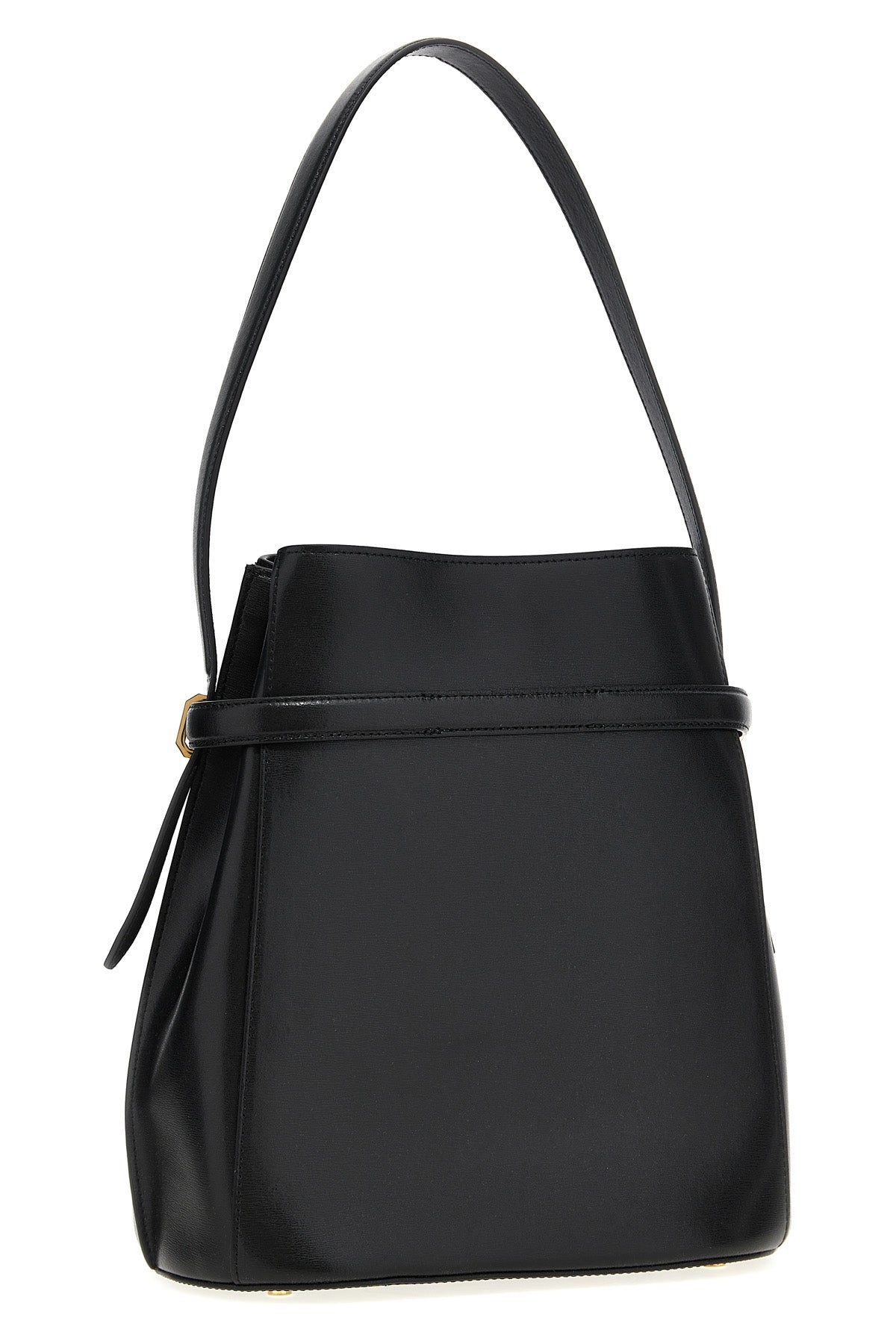 belted bucket leather shoulder bag