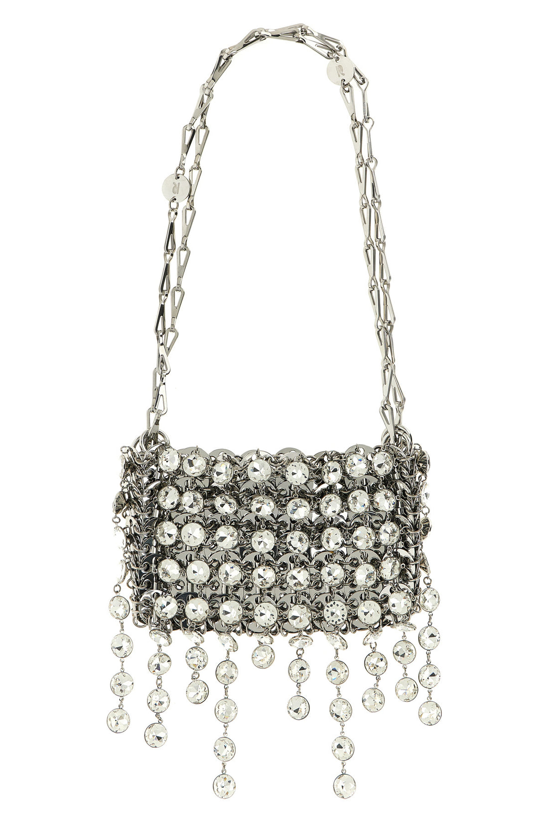 RABANNE OS 1969 strass nano shoulder bag in metal mesh and front pendant crystals